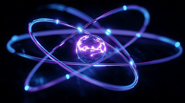 Fluorescent glowing atom core with electrons orbiting in dynamic paths. Modern scientific visualization perfect for physics, chemistry, education, technology, and futuristic presentations.