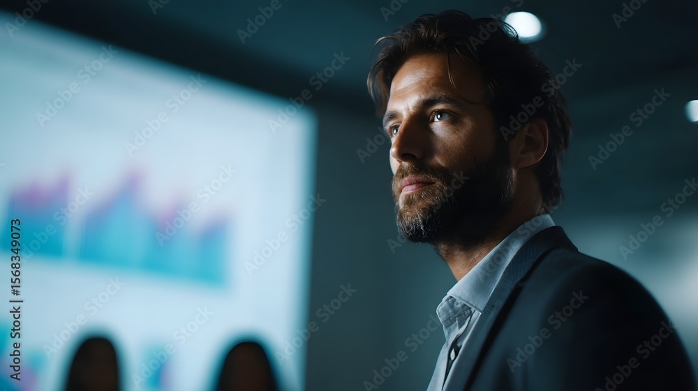 Poster man giving a business presentation with charts on a screen in a corporate setting