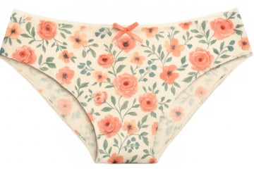 Soft women's underwear with delicate floral pattern, feminine bow detail, showcasing elegant lingerie on clear backdrop