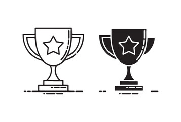 Two trophy icons one outline one solid black isolated on white background