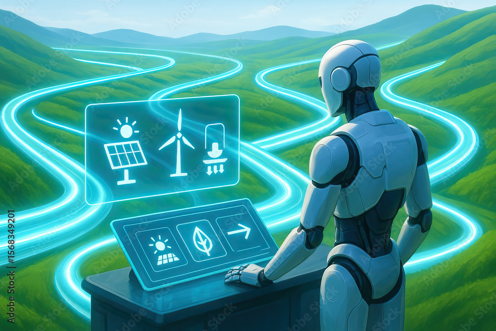 Poster robot analyzing renewable energy options on digital interface with glowing pathways in green landsca