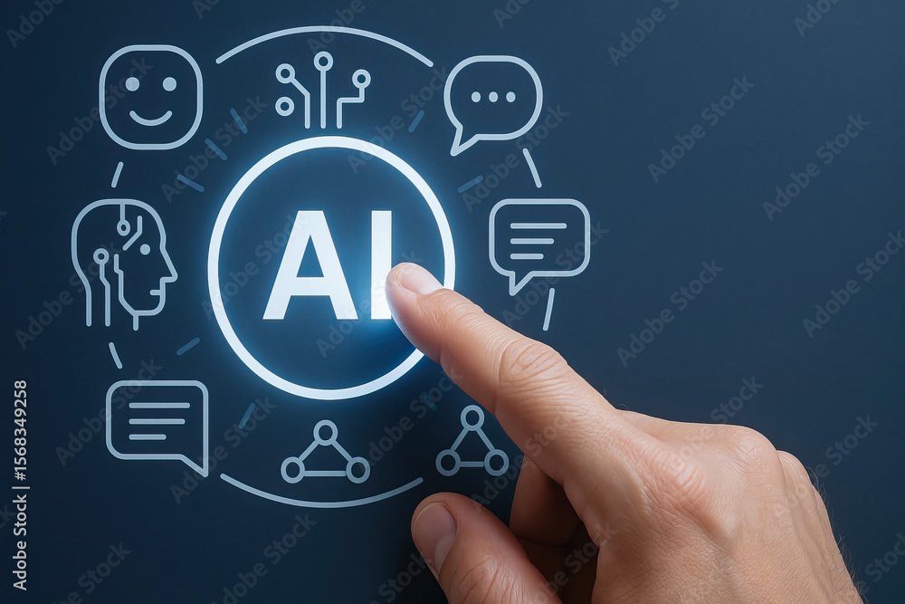 Poster artificial intelligence concept with human hand pointing at glowing ai icon surrounded by communicat