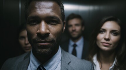 Serious group of business professionals in corporate elevator