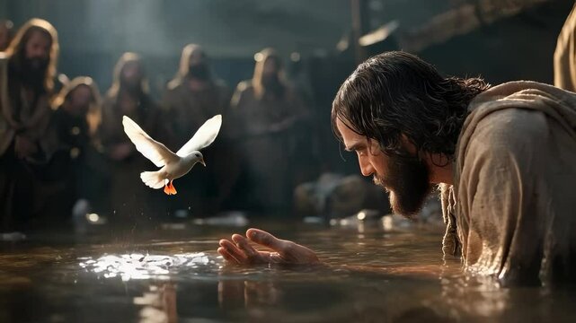 Christs immersion in Jordan: baptism by John, divine event, Holy Spirit dove, Gods proclamation, spiritual significance, sacred voice, mission revealed, Sons purpose, heavenly presence.