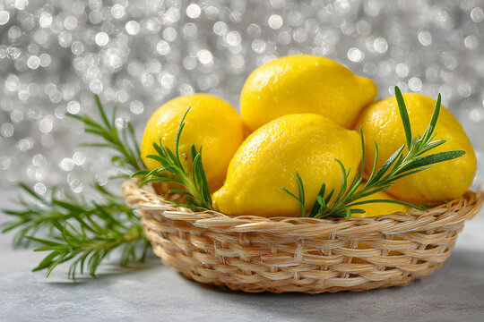 Fresh yellow lemons in a wicker basket with green rosemary sprigs create a vibrant citrus arrangement.