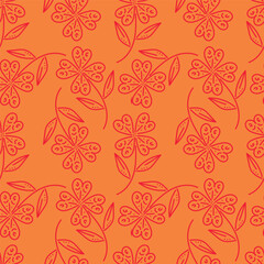 Trendy Floral pattern in the many kind of flowers. Tropical botanical Motifs scattered random. Seamless vector texture. For fashion prints. Printing with in hand drawn style on peach background