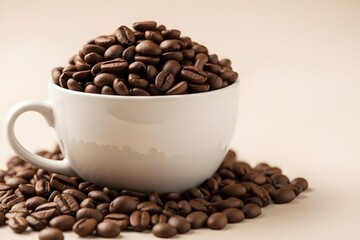 Fototapeta premium A white cup overflowing with roasted coffee beans on a light brown background