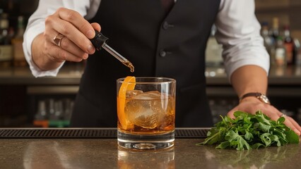 Bartender crafting an Old Fashioned cocktail with bitters and orange peel garnish