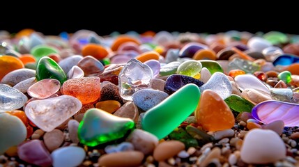 Pile of colorful glass beads on a black background. The beads are of various colors and sizes, creating a vibrant and eye-catching display. Concept of creativity and artistic expression
