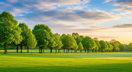 Naklejka premium Lush Green Park with Trees and Sunrise Sky