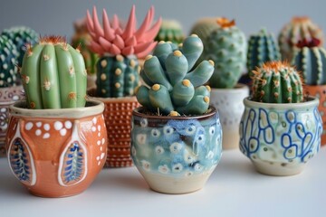Variety of small cacti and succulents growing in colorful ceramic pots on a white table