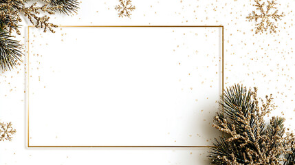 Festive christmas holiday card template with gold frame and decorative fir branches