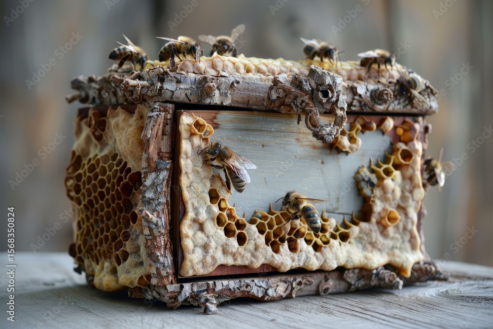 Poster honey bees working on a rustic honeycomb hive displaying golden nectar inside the combs