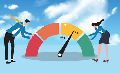 Performance rating, risk management or employee survey score, evaluation or grade assessment, employee engagement, credit score, productivity concept, business people help push measuring gauge scale