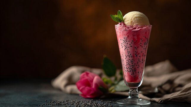 Pakistani falooda basil seeds ice cream noodles and rose syrup in tall glass top down dessert setting