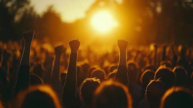A powerful demonstration takes place as individuals unite, raising their fists in solidarity against social injustices