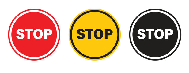 Set of warning and stop signs including hand, exclamation mark, and no entry symbols. Ideal for road safety, caution, and traffic-related design or illustration. Stop, ban, icons, symbol, vector..