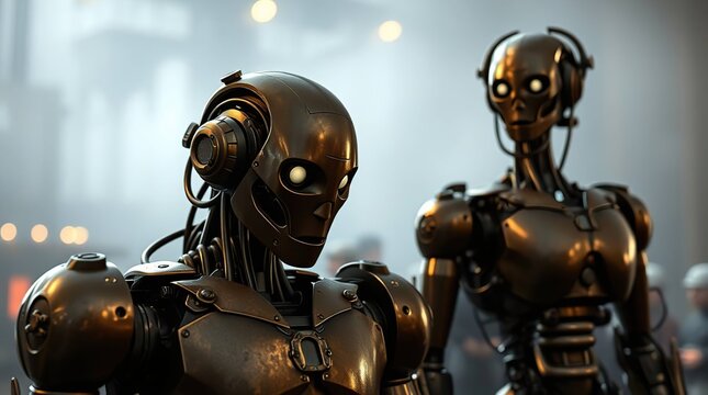 Metallic androids stand in blurred space