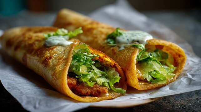 Pakistani fried chicken roll paratha spicy mayo and lettuce in roadside setup on wax paper top down view