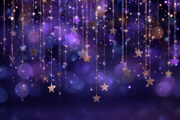 Sparkling purple holiday background with hanging gold stars and bokeh lights.
