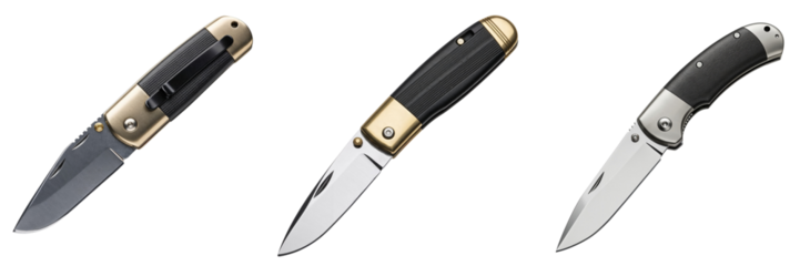 Set of three pocket knives with black and gold handles on transparent background 