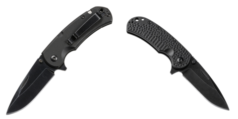 Black folding knives with textured handles on transparent background  