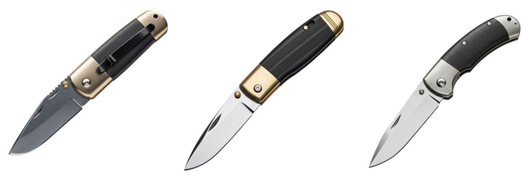 Set of three pocket knives with black and gold handles on transparent background 