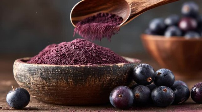acai berry powder falling from wooden spoon into rustic bowl with fresh purple berries on wooden table healthy superfood supplement concept in natural lighting for nutrition and wellness themes