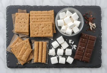 Flat lay of s’mores ingredients (graham crackers, chocolate squares, marshmallows) arranged on slate board, ready for assembly, clean modern style.

