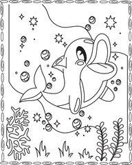 Leaping Dolphin Coloring Page: A joyful dolphin leaps from the ocean, surrounded by underwater plants and bubbles. Perfect for kids and adults who love marine life and coloring. Coloring page