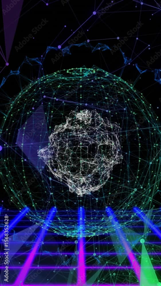 Poster 3d structure turning in sphere purple and green shapes floating with blue grid moving below on black