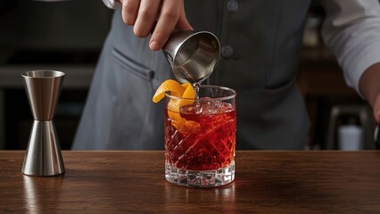 Bartender Pouring Negroni Cocktail with Orange Twist