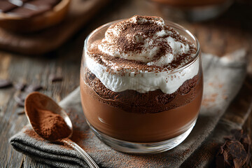 Decadent chocolate mousse dessert is served in glass with cocoa dusting and whipped cream topping for a sweet treat.