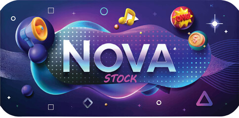 Vibrant 3d illustration with the word nova stock in bold white letters against a purple and blue gradient background with playful elements