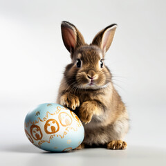 Fototapeta premium Cute bunny sitting next to blue Easter egg with intricate designs. Soft fur and delicate details enhance holiday charm. Perfect for Easter-themed designs, greeting cards and seasonal promotions