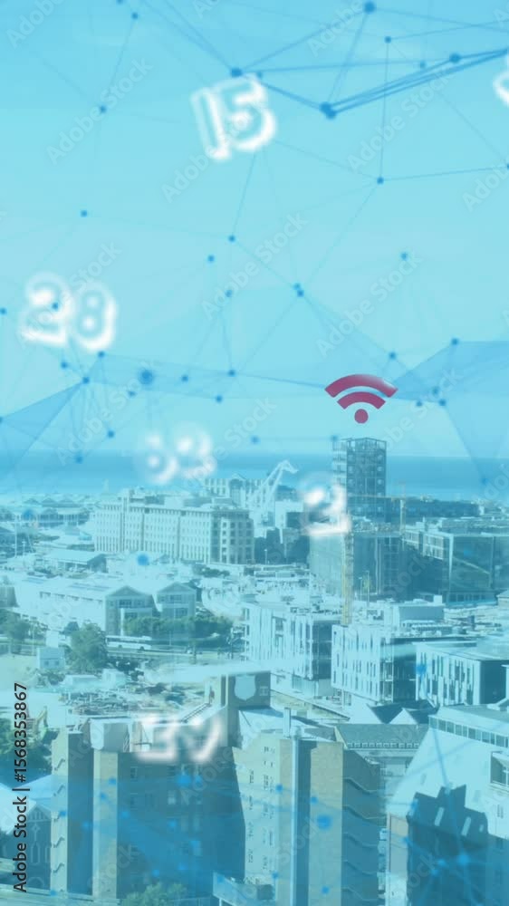 Poster animation of floating numbers with net of connections and net icons over a cityscape