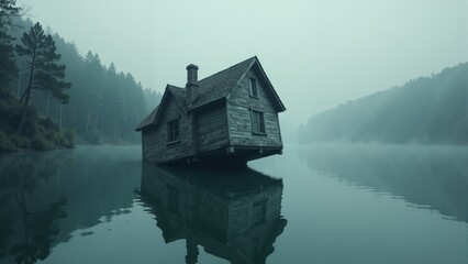 Fototapeta premium Mysterious blue house surrounded by fog over tranquil lake at dawn