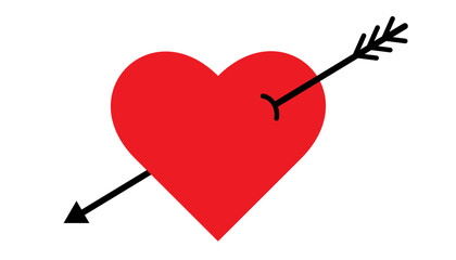Flat red heart with a black arrow through it. Simple love or Valentine Day symbol, isolated on white.