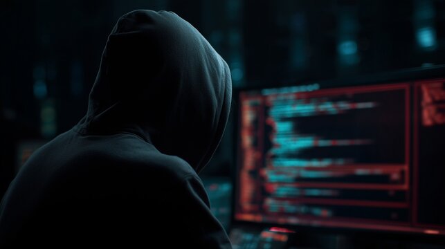 A shadowy hooded professional coding intensely, perfect for tech security branding