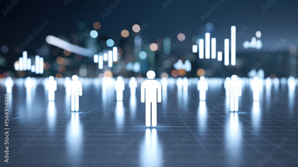 Poster futuristic digital landscape with human figures and graphs representing data visualization and analy