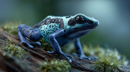 Fototapeta premium A vividly colored poison dart frog perched on a lush, moss-covered log
