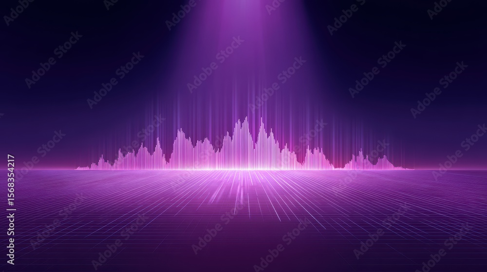 Poster abstract sound wave visualization with colorful light and digital grid in purple gradient background
