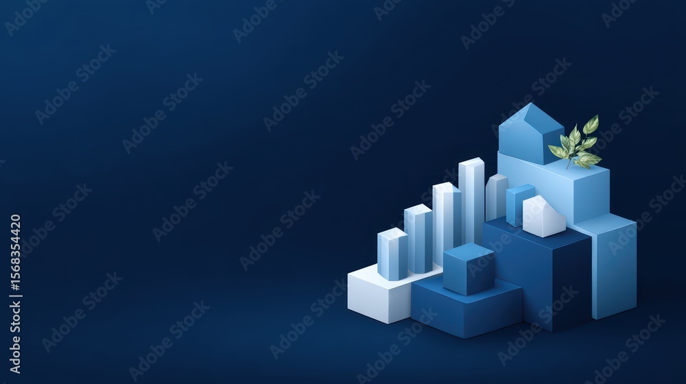 Poster abstract geometric shapes in gradient blue tones with greenery accents on a dark background for mode