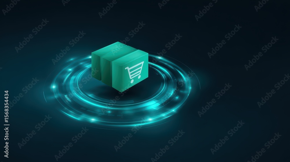 Poster abstract 3d illustration of shopping cart icon over floating cube in futuristic digital environment