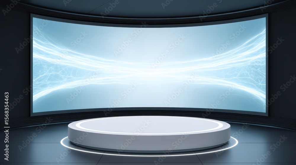 Poster futuristic studio space with sleek circular platform and illuminated background for creative present