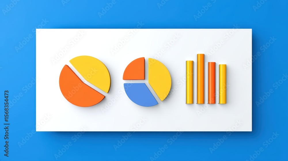 Poster colorful 3d charts and graphs on bright background for business and data analysis projects
