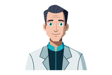 Smiling Doctor : A graphic, professional man in a doctor's coat and the confident gaze of a health worker. Portraying expertise, health, and assurance with a pleasant expression. 