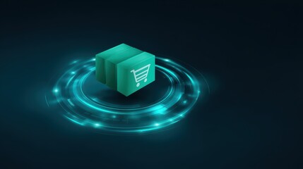 Abstract 3D Illustration of Shopping Cart Icon Over Floating Cube in Futuristic Digital Environment