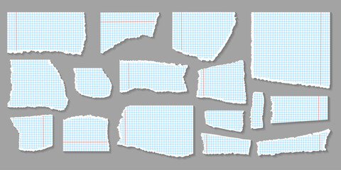 A collection of torn paper with blue and red lines. The paper is in various sizes and shapes, and the lines are jagged and uneven. Concept of chaos and disarray