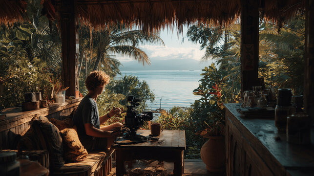 Young creator filming content in tropical Airbnb - Powered by Adobe